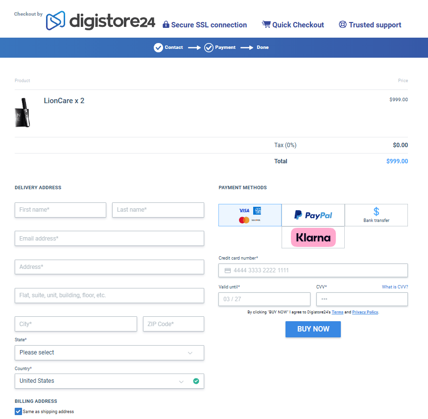 LionCare secure checkout page